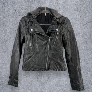 Free People Vegan Leather Hooded Jacket Womens Size 2 Moto Style Asymmetric Zip